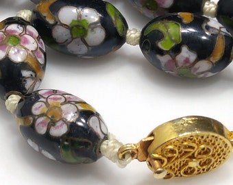 Vintage Cloisonné Beaded Necklace, Black Hand Painted Floral