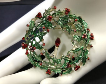 Christmas Wreath Enamel Brooch, Red Green Metallic Enamel, 1950s Vintage Jewelry