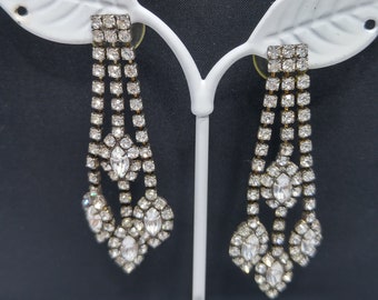 Clear Rhinestone Long Drop Earrings, Prong Set Glass Stones,  1970s Vintage Jewelry