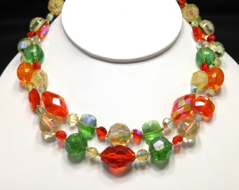 Crystal & Molded Glass Beaded Necklace, Orange Green Yellow, 1950s Vintage Jewelry