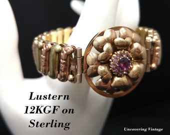 Antique Lustern Expansion Sweetheart Bracelet, 12KGF Sterling, Purple Rhinestones, 1920s Vintage Jewelry