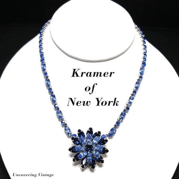 Kramer of New York Blue Rhinestone Floral Pendant Choker Necklace, 1950s Vintage Jewelry