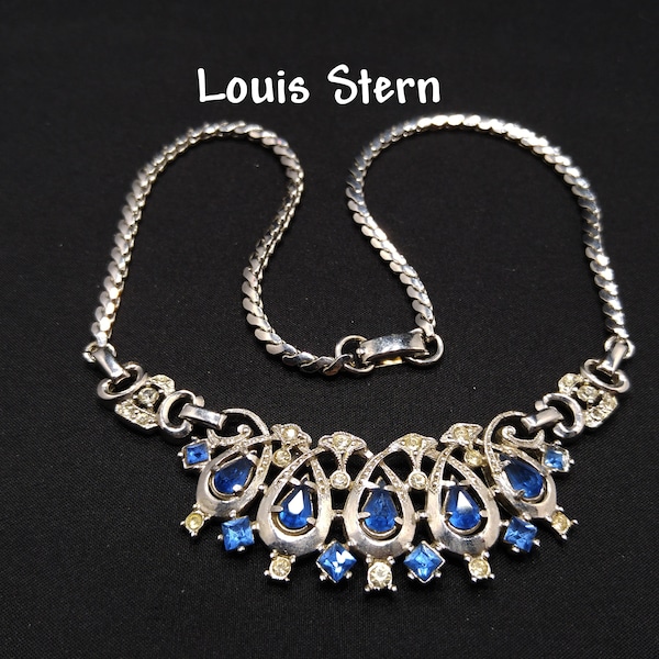 Lustern Blue Rhinestone Silver Tone Necklace, Louis Stern Gold Plated, 1940s Vintage Jewelry