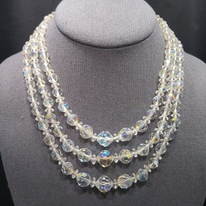 Mid-century Clear Crystal 3 Strand Necklace, Aurora Borealis Beads ...
