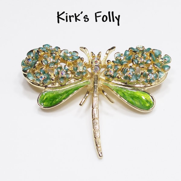 Kirk's Folly Enamel Dragonfly Brooch, Green Enamel, Aurora Borealis Rhinestones, 1980s Vintage Jewelry