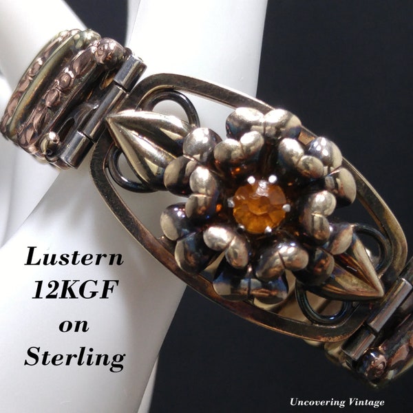 Antique Lustern Expansion Bracelet, 12KGF Sterling, Orange Rhinestone, 1920s Vintage Jewelry