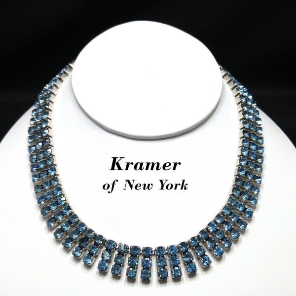 Kramer Blue Rhinestone Necklace, Rhodium Plated, 1960s Vintage Jewelry