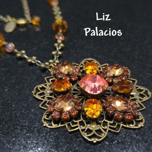 Liz Palacios Crystal Rhinestone Pendant Necklace, Light Topaz Peach Swarovski Crystals, 1990s Vintage Jewelry image 2