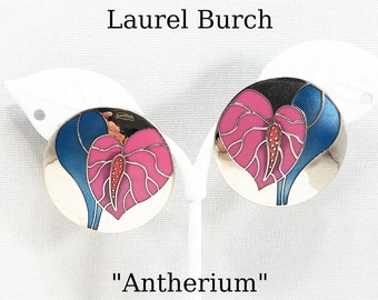 Vintage Laurel Burch "Antherium" Earrings Post Enamel Pink Antherium Blue Leaves Silver Tone Background Cloisonne 1980s Vintage Jewelry