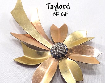 Taylord Flower Brooch, Rose & Yellow 12K Gold Filled, 1940s Vintage Jewelry