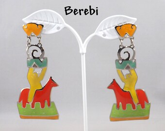 Berebi Enamel Long Figural Earrings, Enamel Green Orange Yellow Blue, 1980s Vintage Jewelry