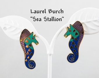 Vintage Laurel Burch "Sea Stallion" Post Earrings Teal Blue Lavender & Gold SEA HORSE Earrings Gold Plated Posts 1980s Vintage Jewelry