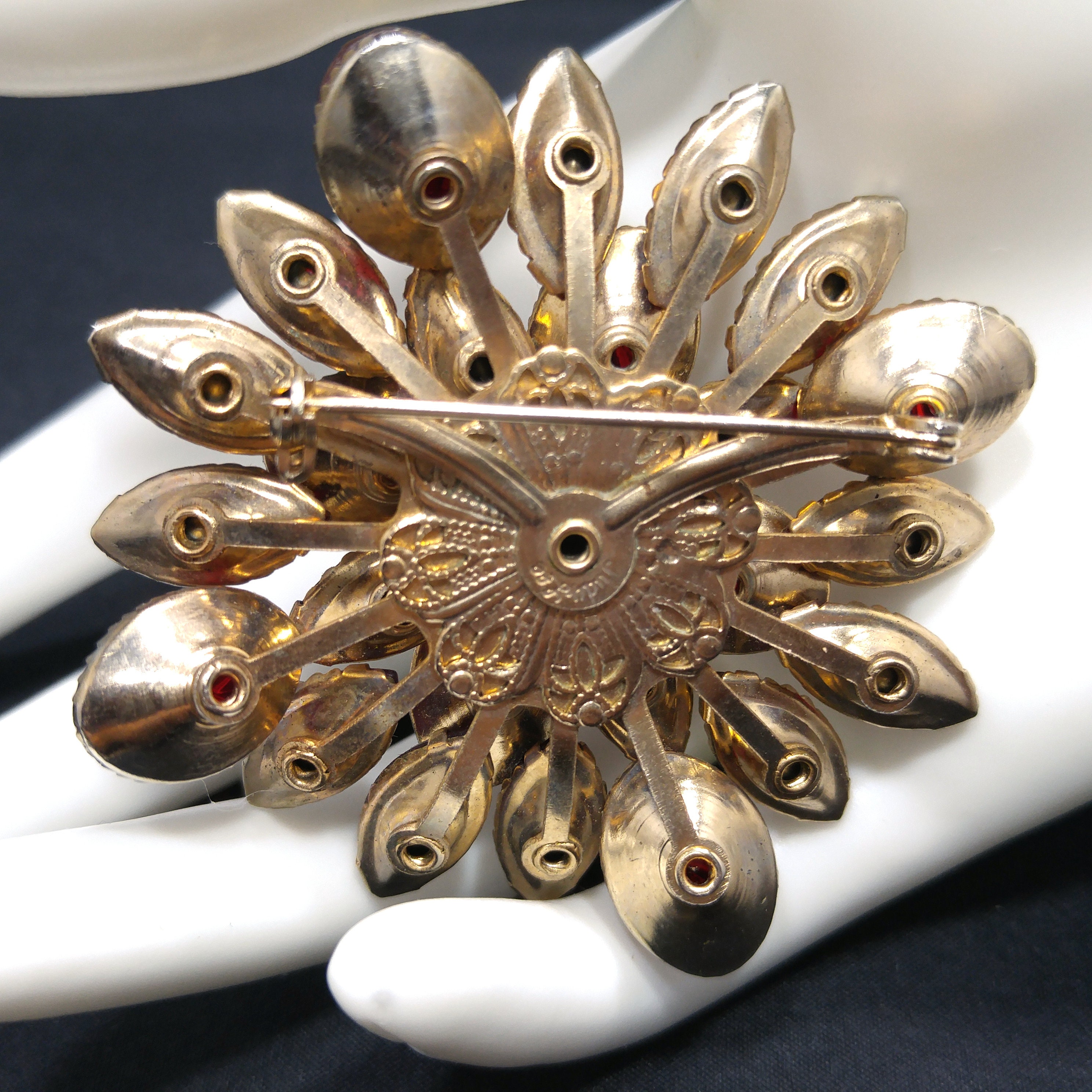 Judy Lee Red Rhinestone Brooch, Red Gold Molded Glass Petals