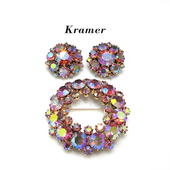 Kramer Pink Brooch Clip Earrings, Aurora Borealis,