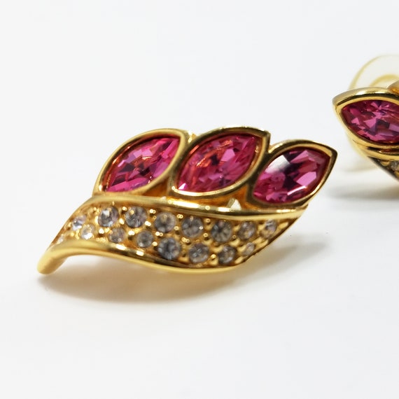 S. A. L. Swarovski Pink Rhinestone Earrings, Gold… - image 6