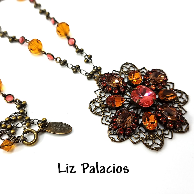 Liz Palacios Crystal Rhinestone Pendant Necklace, Light Topaz Peach Swarovski Crystals, 1990s Vintage Jewelry image 1