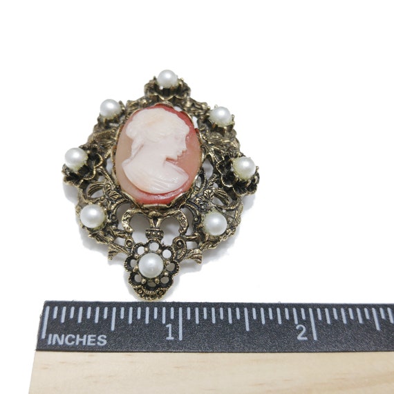 Cameo Faux Pearl Filigree Brooch & Pendant, 1960s… - image 7