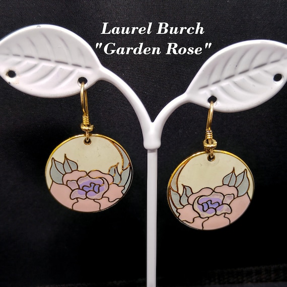 Laurel Burch "Garden Rose" Earrings, Cloisonné Go… - image 1