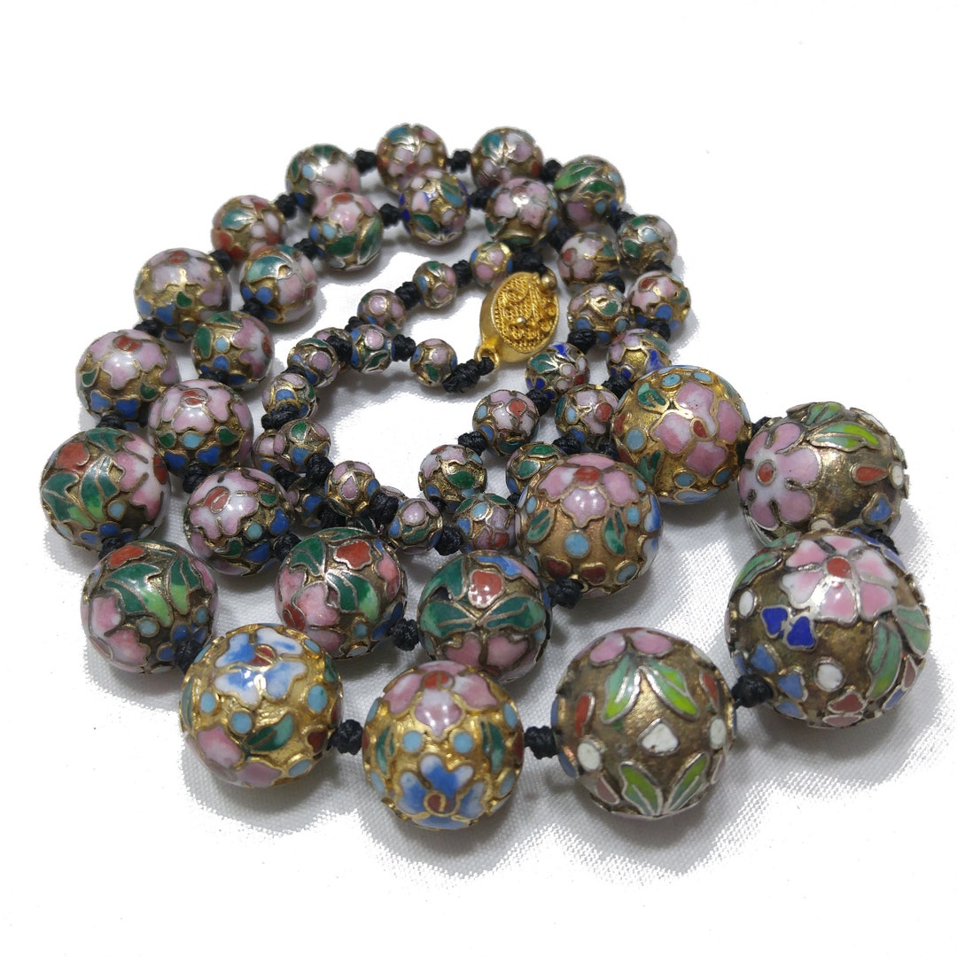 Vintage Cloisonne Beaded Necklace, Hand Knotted, Hand Painted Floral