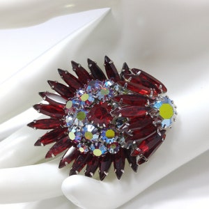 Ruby Red Rhinestone Navette Brooch, Unsigned Designer Beauty, Rhodium Plated, 1960s Vintage Jewelry image 2