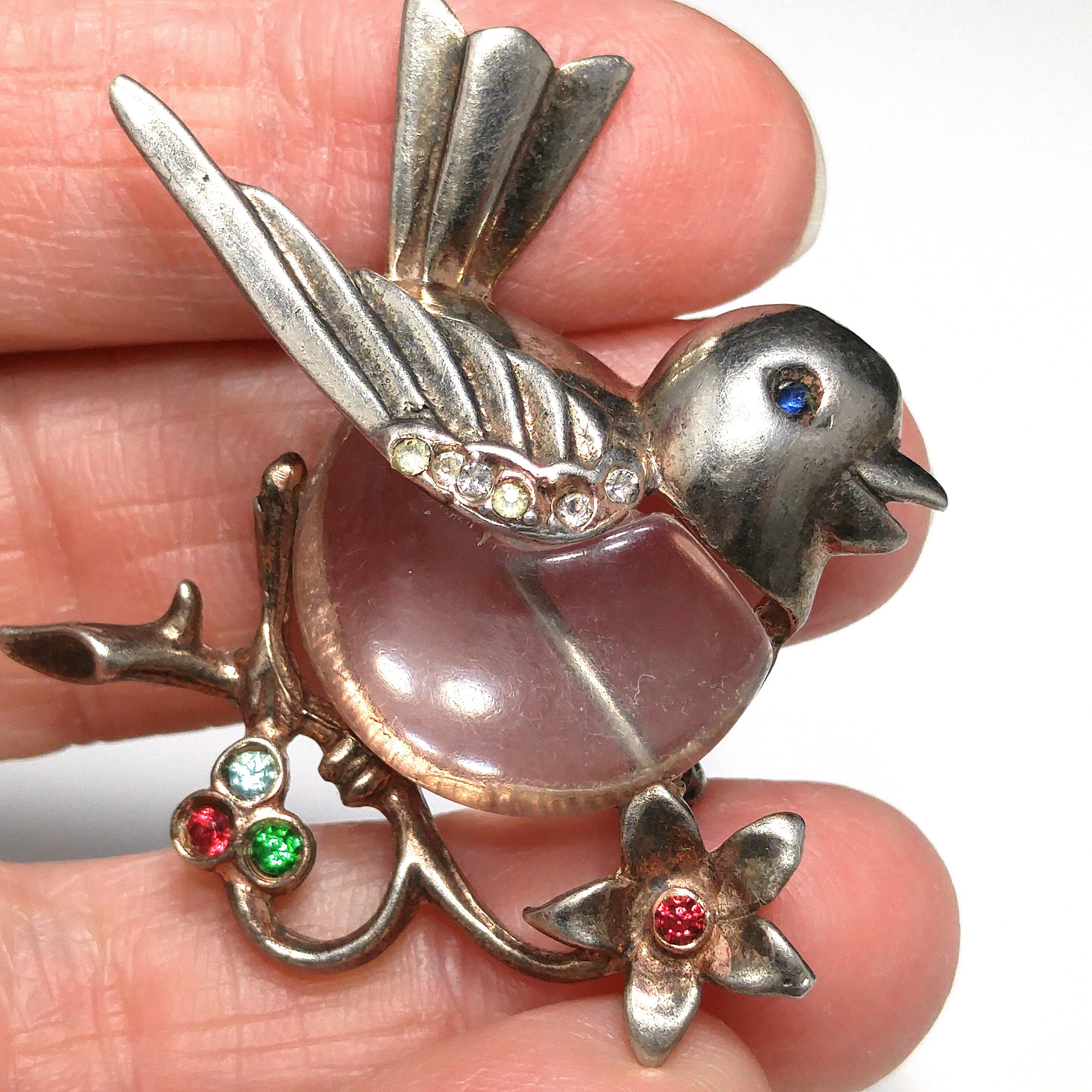 Sterling Silver Clear Lucite Bird Brooch, Jelly Belly Pin