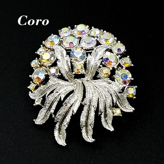 Coro Aurora Borealis Floral Brooch, AB Rhinestone… - image 1