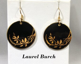 Laurel Burch Cloisonne Floral Earrings, Black Enamel, 1980s Vintage Jewelry