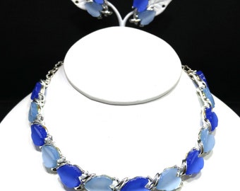 Blue Lucite Necklace Earrings Set, Rhodium Plating, 1960s Vintage Jewelry
