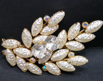 Lava Glass Floral Brooch, Aurora Borealis Rhinestones, 1950s Vintage Jewelry