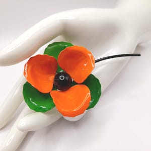 Vintage 1960s Orange Green White Enamel Flower Brooch with Stem, 4 Inches