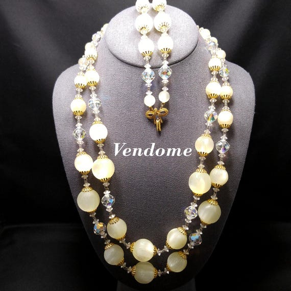 Vintage Vendome 1960s Crystal Bead Necklace Bracelet Set Frosted Lucite View 5