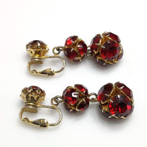 Red Rhinestone Long Clip Earrings, Rhinestone Bea… - image 9