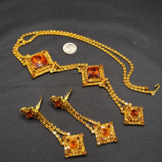 Topaz Glass Rhinestones Long Necklace Earrings, R… - image 7