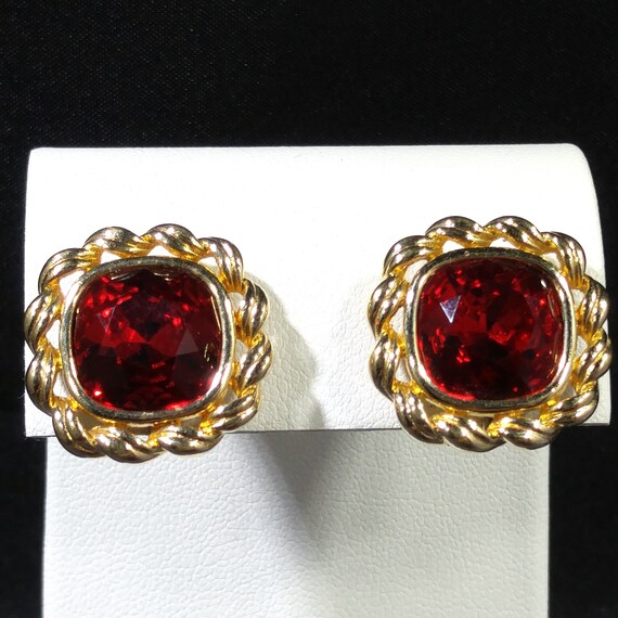 Swarovski Red Crystal Earrings, Gold Plated, Stam… - image 4