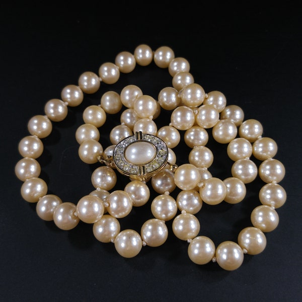 Vintage Glass Faux Pearl Necklace, 30" Long Length, Rhinestone Clasp, 1980s Vintage Jewelry