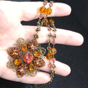 Liz Palacios Crystal Rhinestone Pendant Necklace, Light Topaz Peach Swarovski Crystals, 1990s Vintage Jewelry image 3