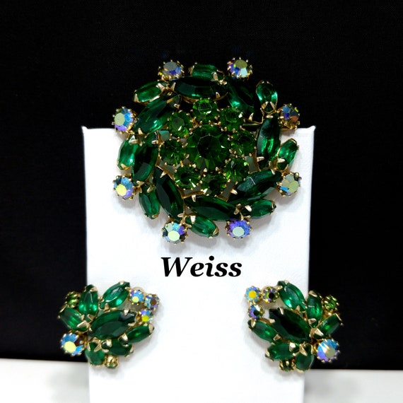 Weiss Emerald Green Brooch & Earrings, Aurora Bor… - image 2