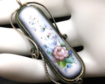 Russian Finift Filigree Hand Painted Floral Victorian Style Pendant, Porcelain Floral,  1940s Vintage Jewelry