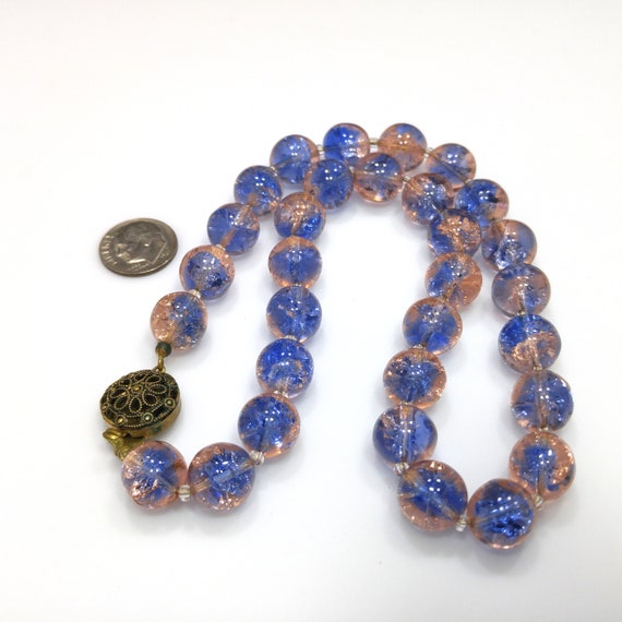 Blue Pink Crackle Glass Beaded Necklace, Filigree… - image 5