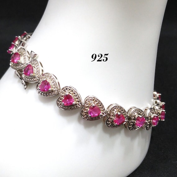 Heart Gemstone Silver Link Bracelet, Stamped 925,… - image 1