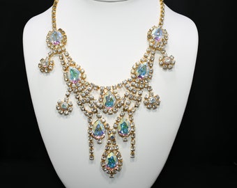 Aurora Borealis Rhinestone Frontal Necklace, Gold Plated, 21 Inches, 1970s Vintage Jewelry