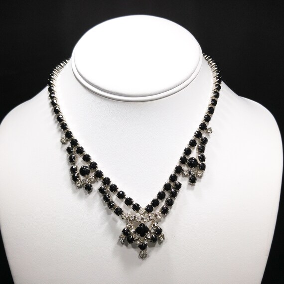 Vintage Black & Clear Rhinestone Festoon Necklace, Rhodium