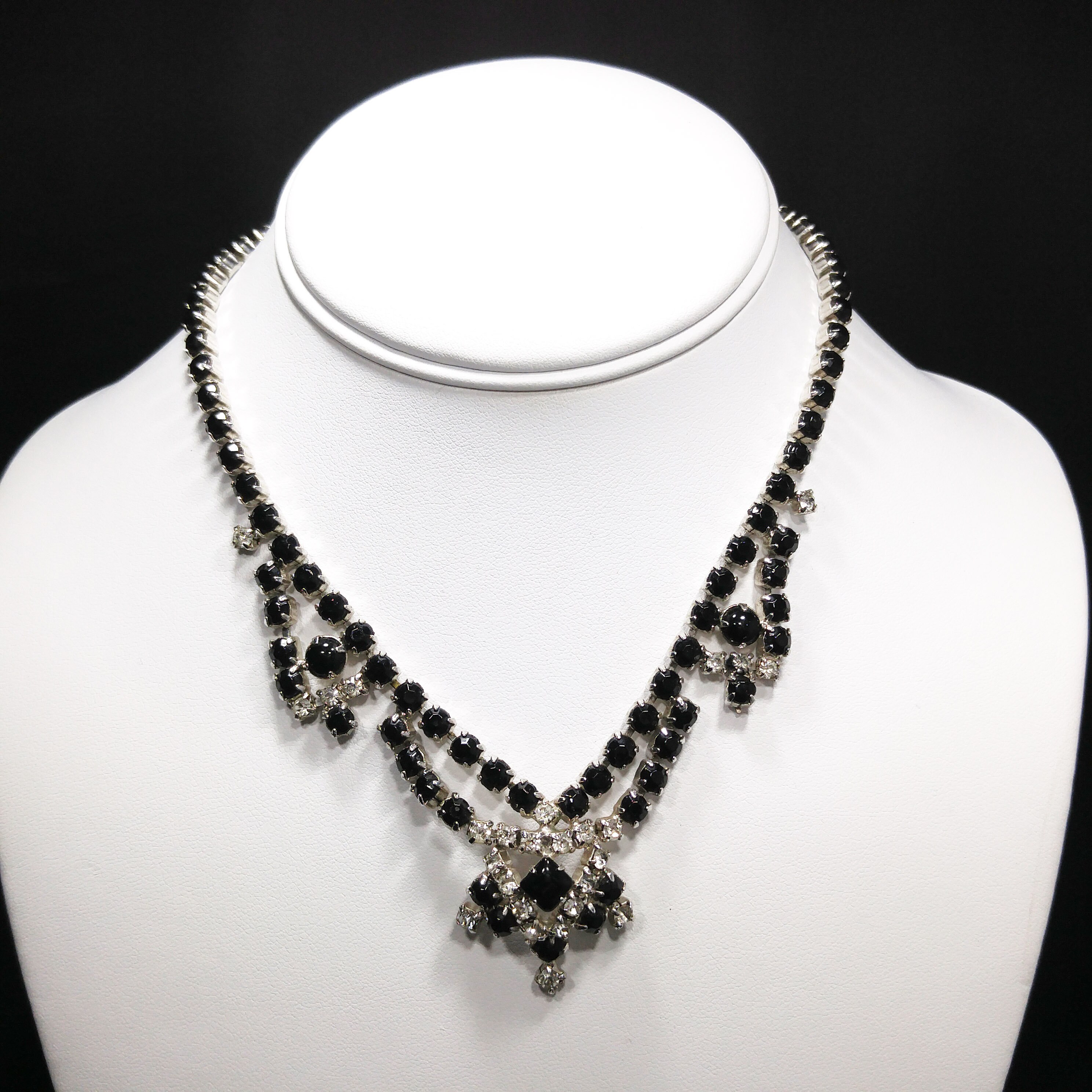 Vintage Black & Clear Rhinestone Festoon Necklace, Rhodium
