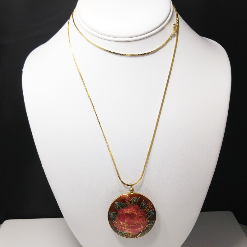 Cloisonne Rose Flower Double Sided Pendant, Gold Tone Long Chain, 1960s Vintage Jewelry image 5