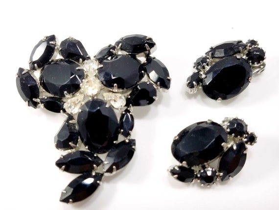 Weiss Black & Clear Rhinestone Brooch and Earring… - image 9