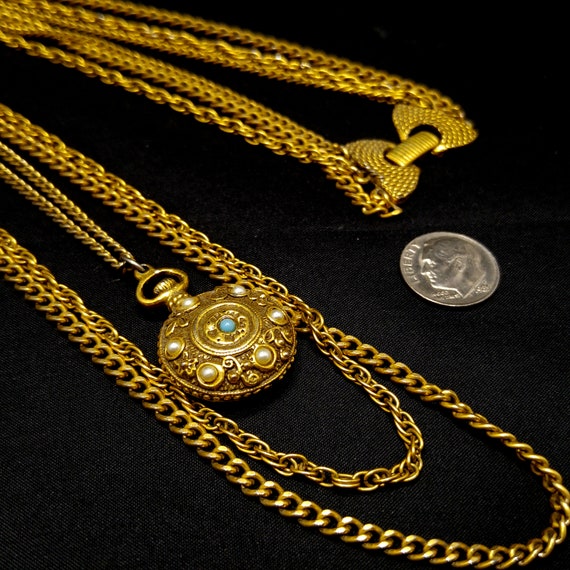 Goldette Three Strand Necklace, Long Chains & Pen… - image 7