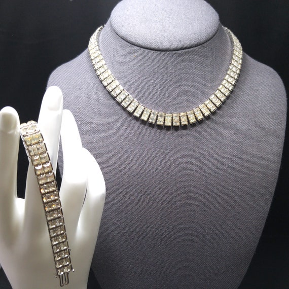 Art Deco Clear Rhinestone Choker Necklace Bracele… - image 4