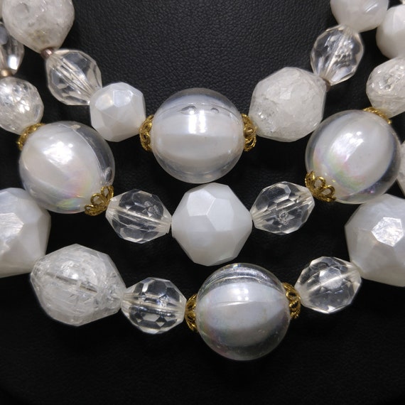 West Germany White Beaded Necklace, Three Strands… - image 2