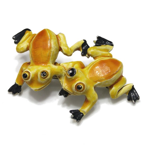 Twin Frogs Enamel Brooch, Two Yellow Gold Black Fr