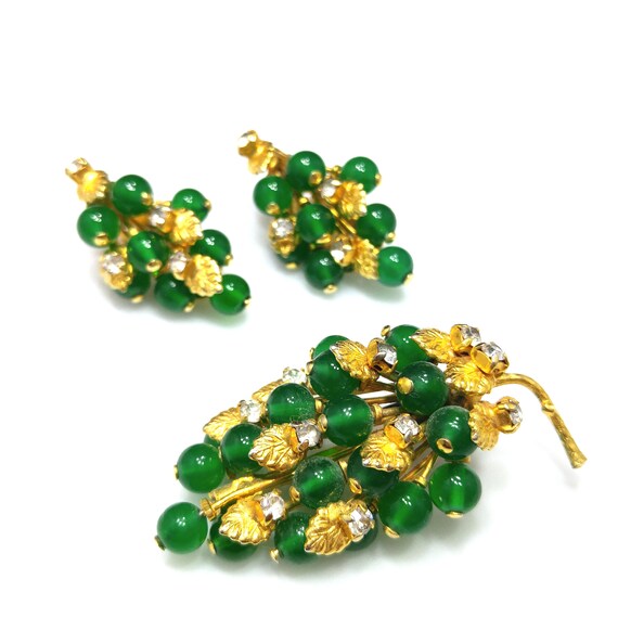 Austrian Green Gold Brooch Clip Earrings Set, Gol… - image 2